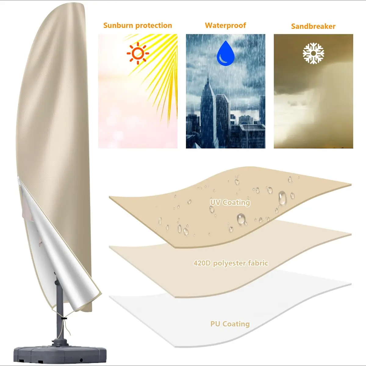 OKPOW Cantilever Patio Umbrella Cover Khaki 225cm (88.6in) | Heavy Duty 420D Oxford Fabric Waterproof UV Resistant - view 2