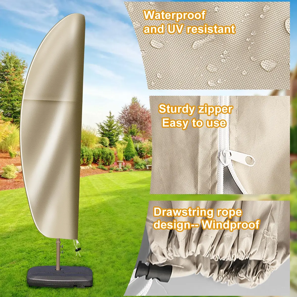 OKPOW Cantilever Patio Umbrella Cover Khaki 225cm (88.6in) | Heavy Duty 420D Oxford Fabric Waterproof UV Resistant - view 4