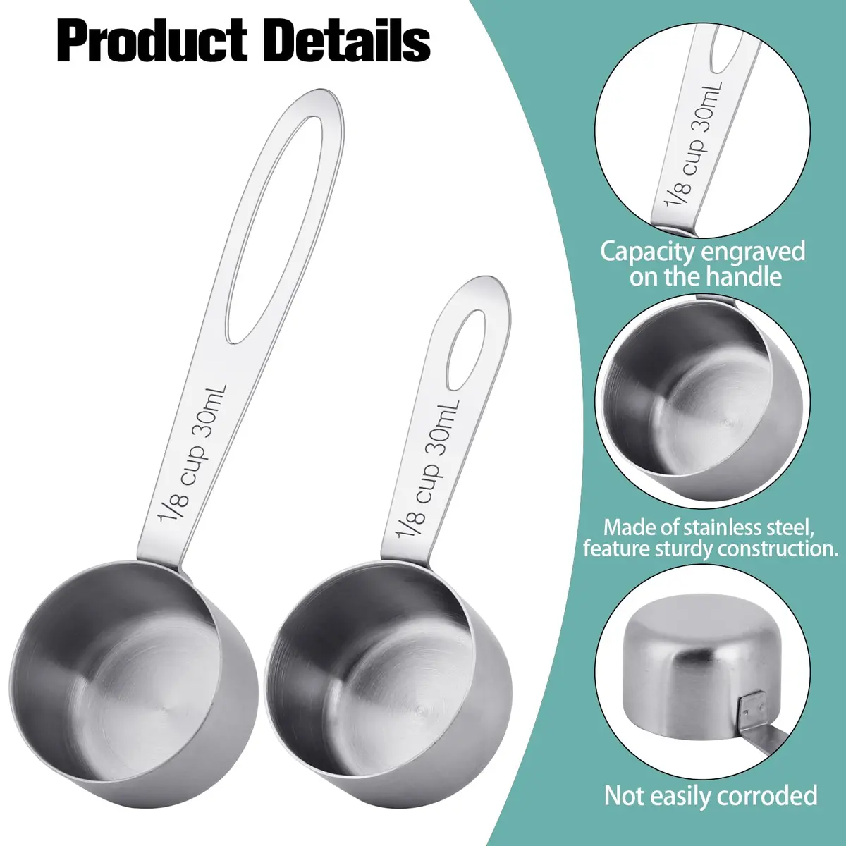 KALIONE 30ml (1/8 Cup) Stainless Steel Measuring Spoon Set | Accurate Dry & Liquid Scoops - view 3