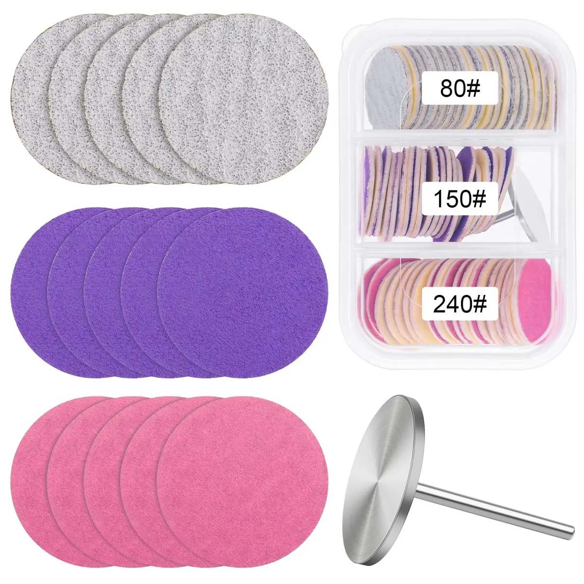 Difenni Metal Nail Drill Bit with 60 Sandpaper Discs | 25mm Coarse, Medium, Fine Grits for Manicure Pedicure - main product image