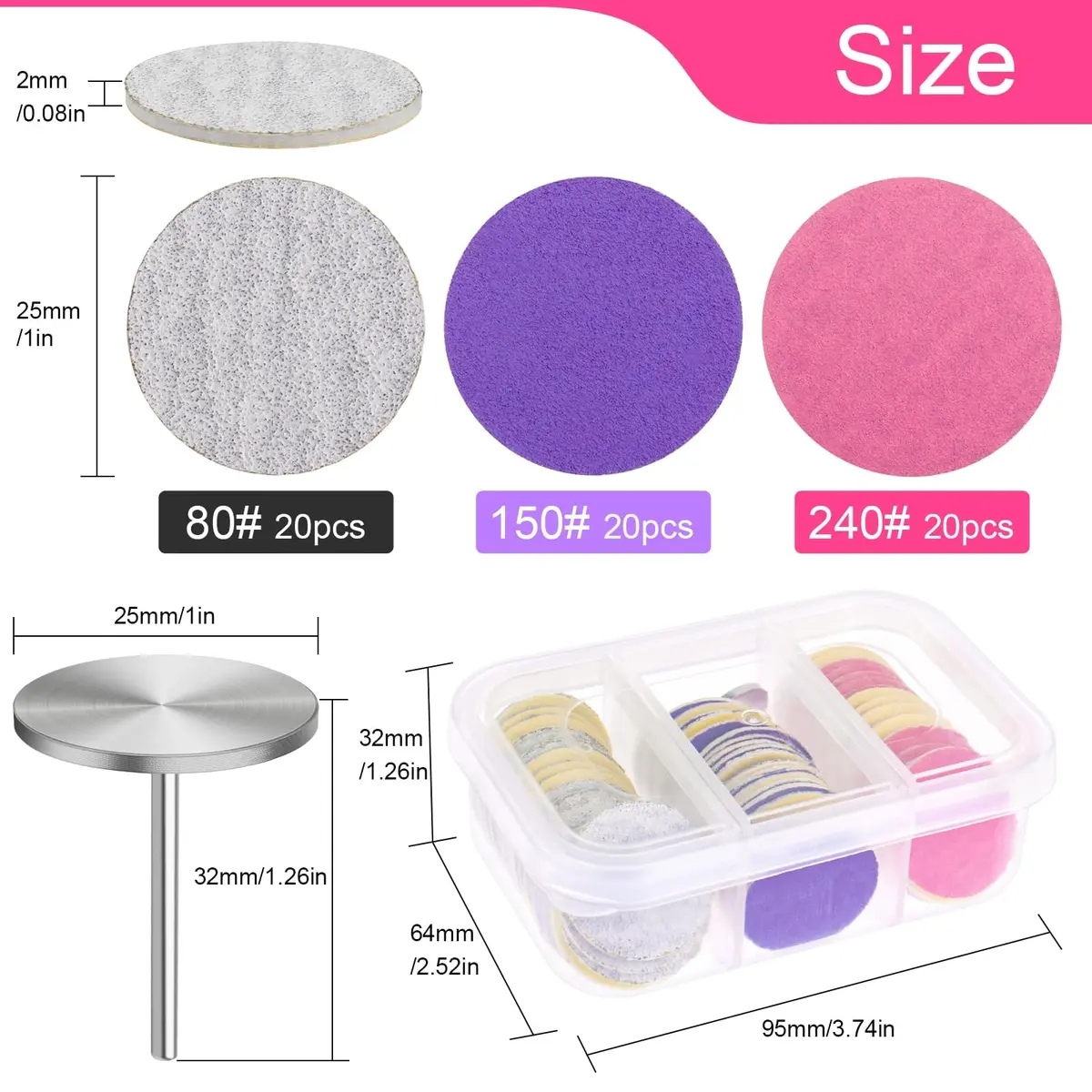 Difenni Metal Nail Drill Bit with 60 Sandpaper Discs | 25mm Coarse, Medium, Fine Grits for Manicure Pedicure - view 4