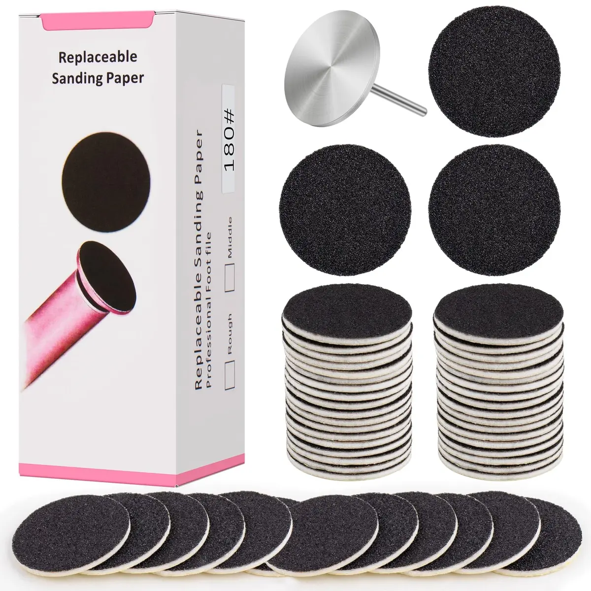Difenni Black 100pcs #180 Grit Sandpaper Discs with Metal Nail Drill Bit | Foot File Sandpaper Discs for Manicure Pedicure - main product image