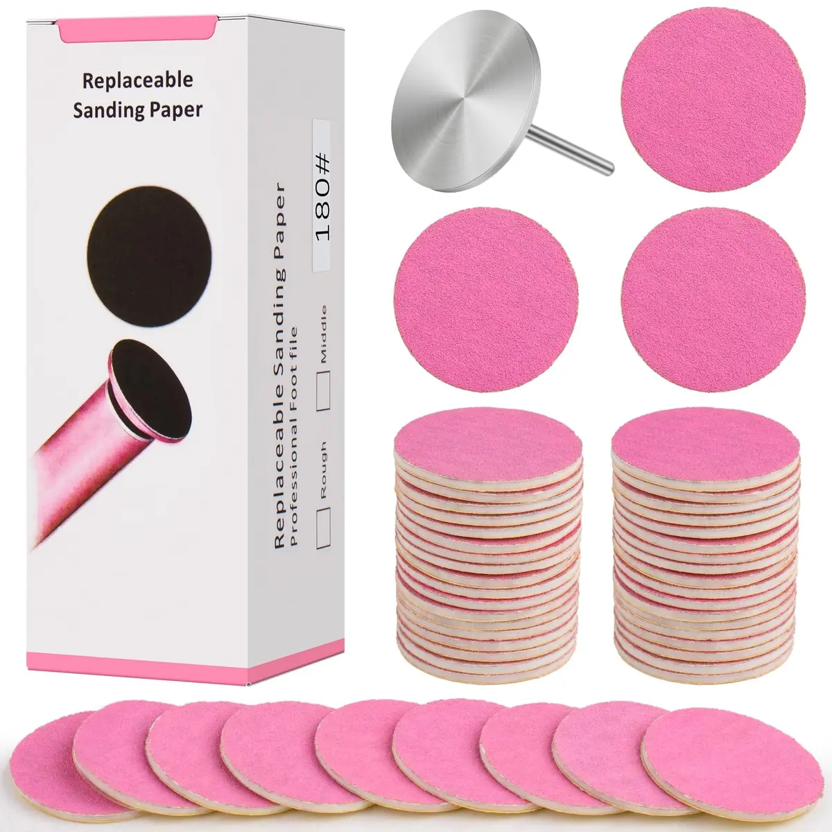 Difenni 100pcs Pink #180 Grit Sandpaper Discs with Metal Nail Drill Bit | 25mm (0.98 inch) - main product image