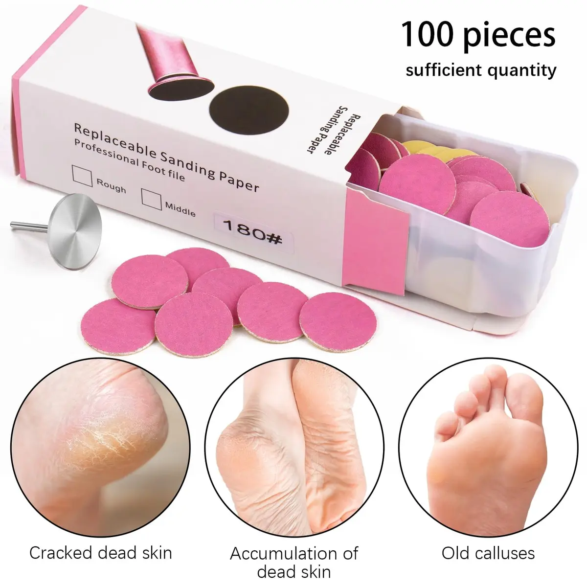 Difenni 100pcs Pink #180 Grit Sandpaper Discs with Metal Nail Drill Bit | 25mm (0.98 inch) - view 7