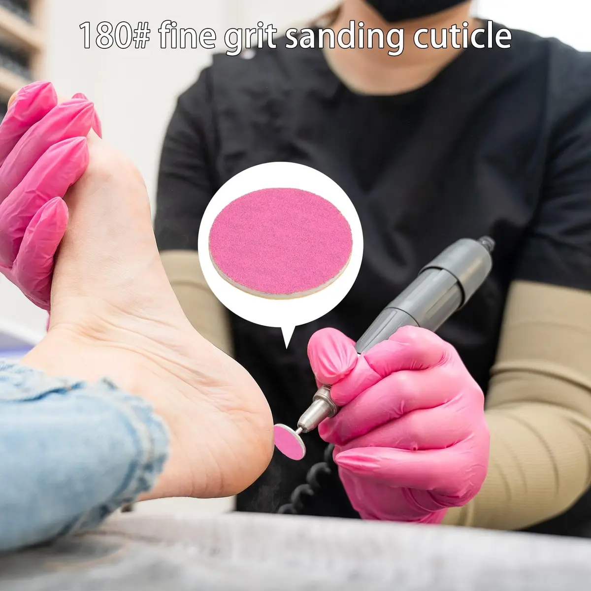 Difenni 100pcs Pink #180 Grit Sandpaper Discs with Metal Nail Drill Bit | 25mm (0.98 inch) - view 2