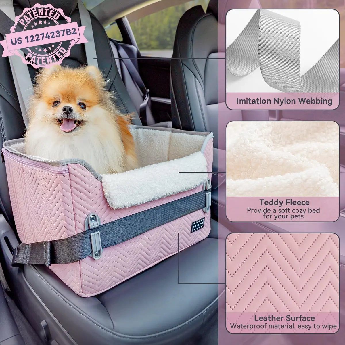 Petsfit Dog Car Seat for Small Dogs 16"L x 13"W x 11"H | Portable, Adjustable & Safe (Light Pink) - view 5