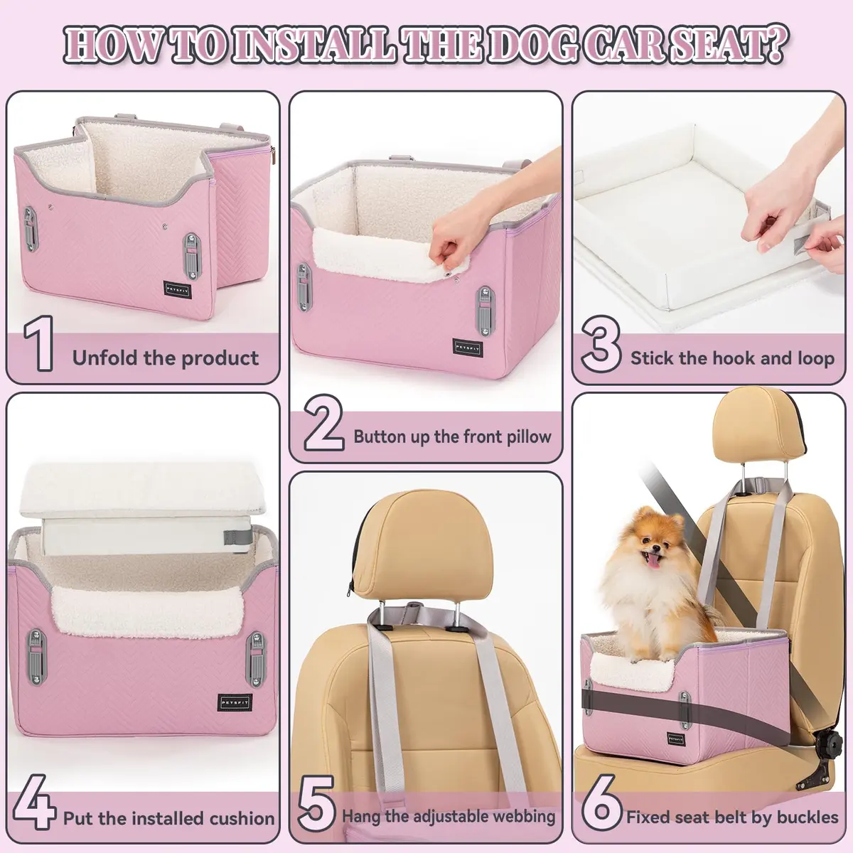 Petsfit Dog Car Seat for Small Dogs 16"L x 13"W x 11"H | Portable, Adjustable & Safe (Light Pink) - view 6