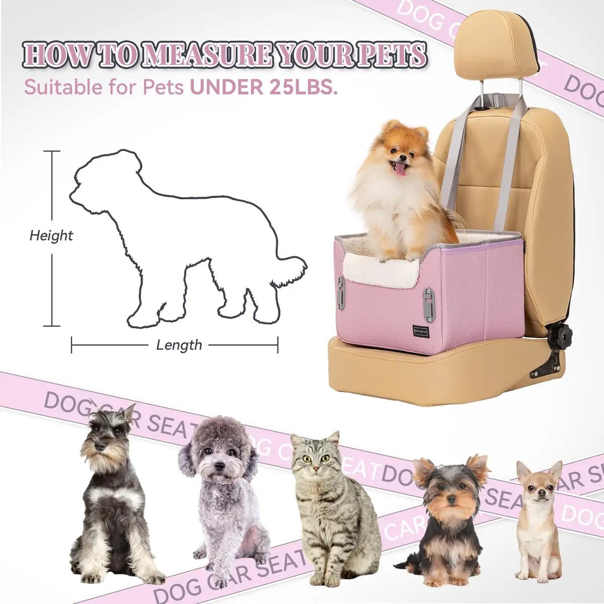 Petsfit Dog Car Seat for Small Dogs 16"L x 13"W x 11"H | Portable, Adjustable & Safe (Light Pink) - view 7