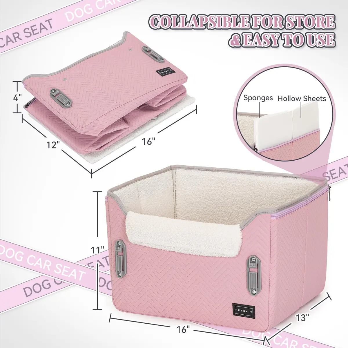 Petsfit Dog Car Seat for Small Dogs 16"L x 13"W x 11"H | Portable, Adjustable & Safe (Light Pink) - view 8