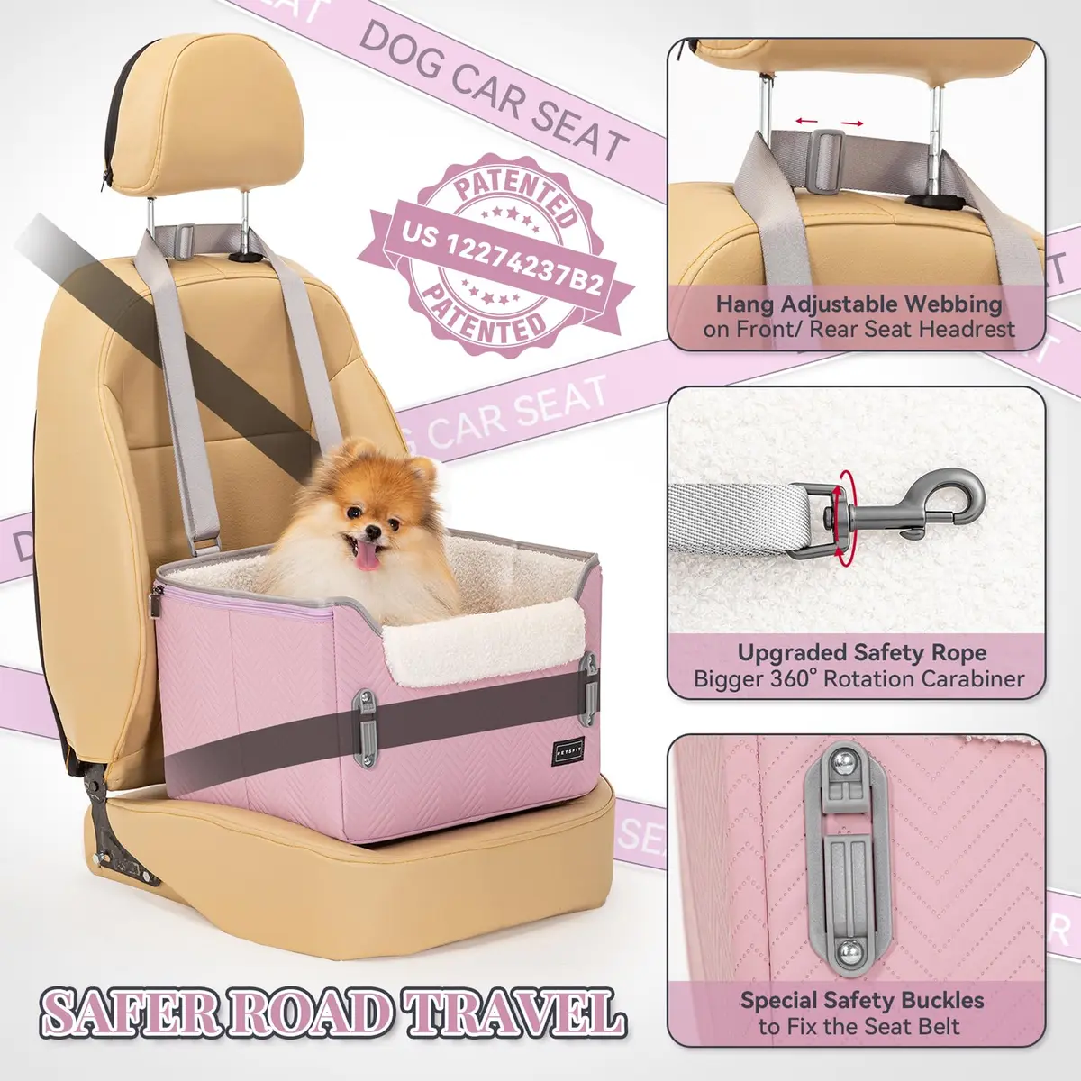 Petsfit Dog Car Seat for Small Dogs 16"L x 13"W x 11"H | Portable, Adjustable & Safe (Light Pink) - view 3