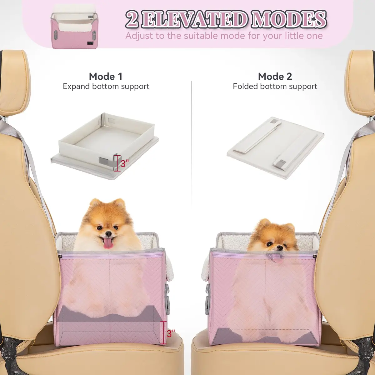 Petsfit Dog Car Seat for Small Dogs 16"L x 13"W x 11"H | Portable, Adjustable & Safe (Light Pink) - view 4