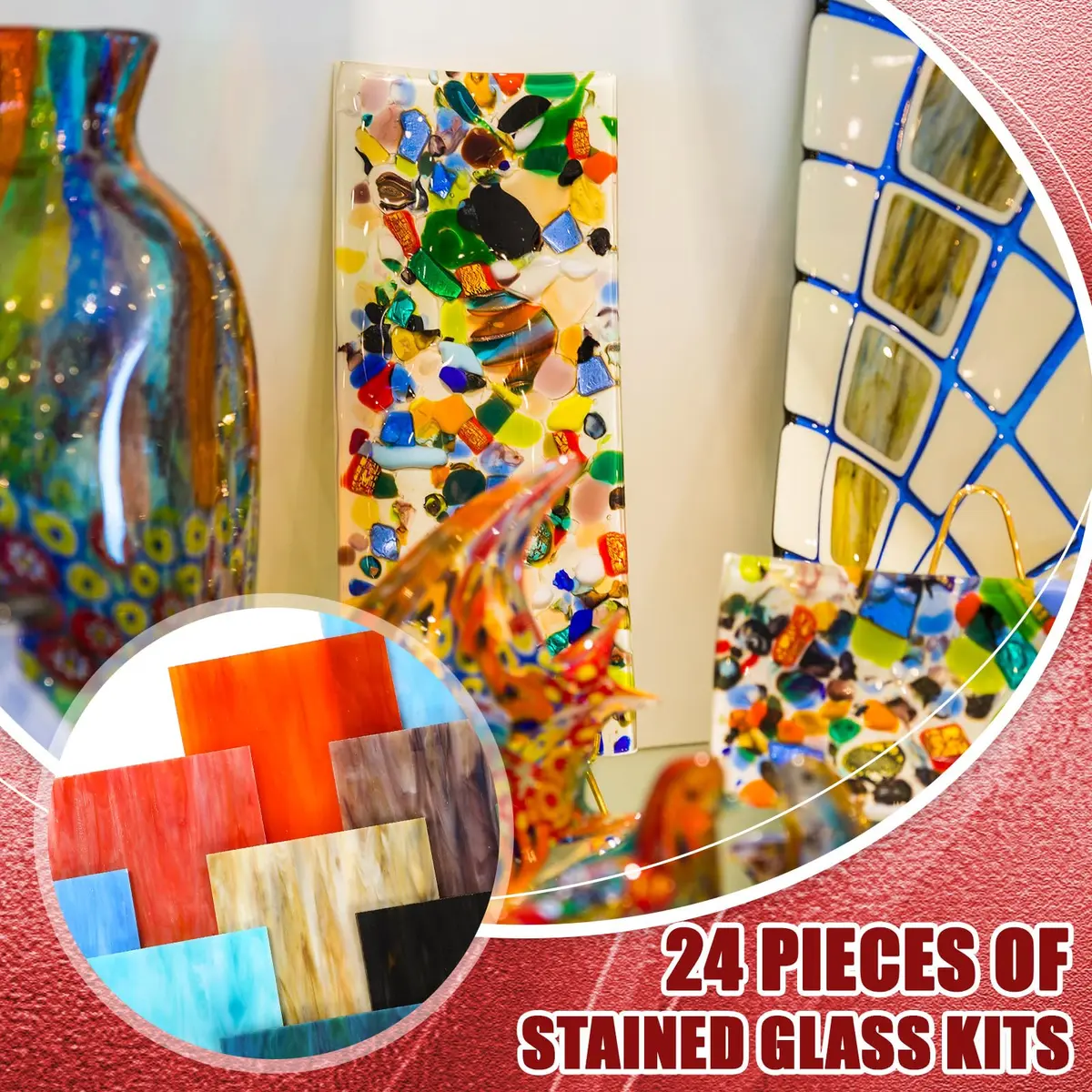Treela 24 Pcs Vibrant Stained Glass Sheets 4 x 6 Inch | Colorful Mosaic Tiles for Craft Projects - view 6