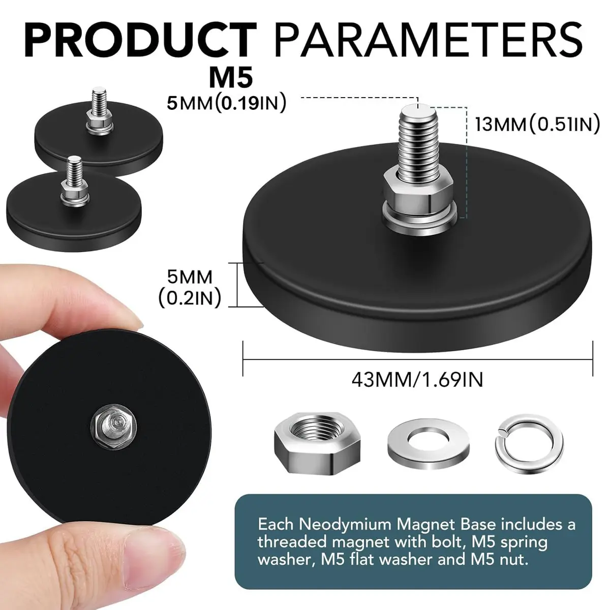 DIYMAG Rubber Coated Neodymium Magnets 1.69 inch Diameter, 30 lb Pull Force, 12-Pack | Heavy Duty Magnetic Mounts with M5 Threaded Studs - view 2