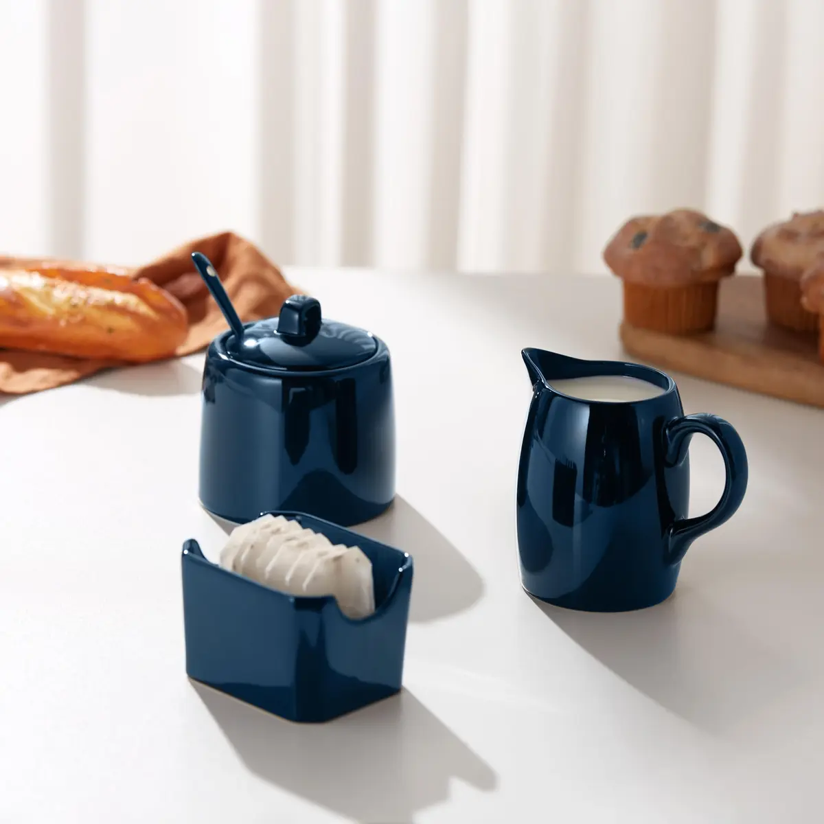 KooK Sugar and Creamer Set, 3 Piece | Ceramic, Navy, Compact & Dishwasher Safe - view 4