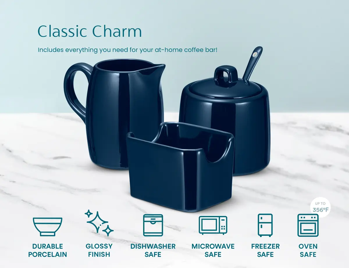 KooK Sugar and Creamer Set, 3 Piece | Ceramic, Navy, Compact & Dishwasher Safe - view 6