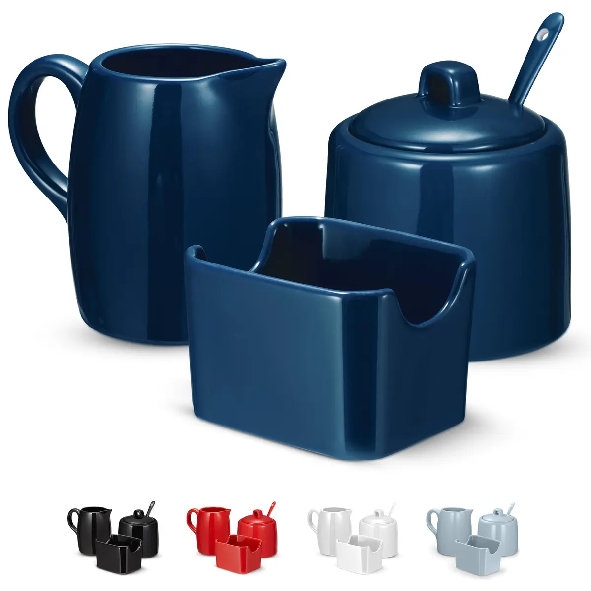 KooK Sugar and Creamer Set, 3 Piece | Ceramic, Navy, Compact & Dishwasher Safe - main product image