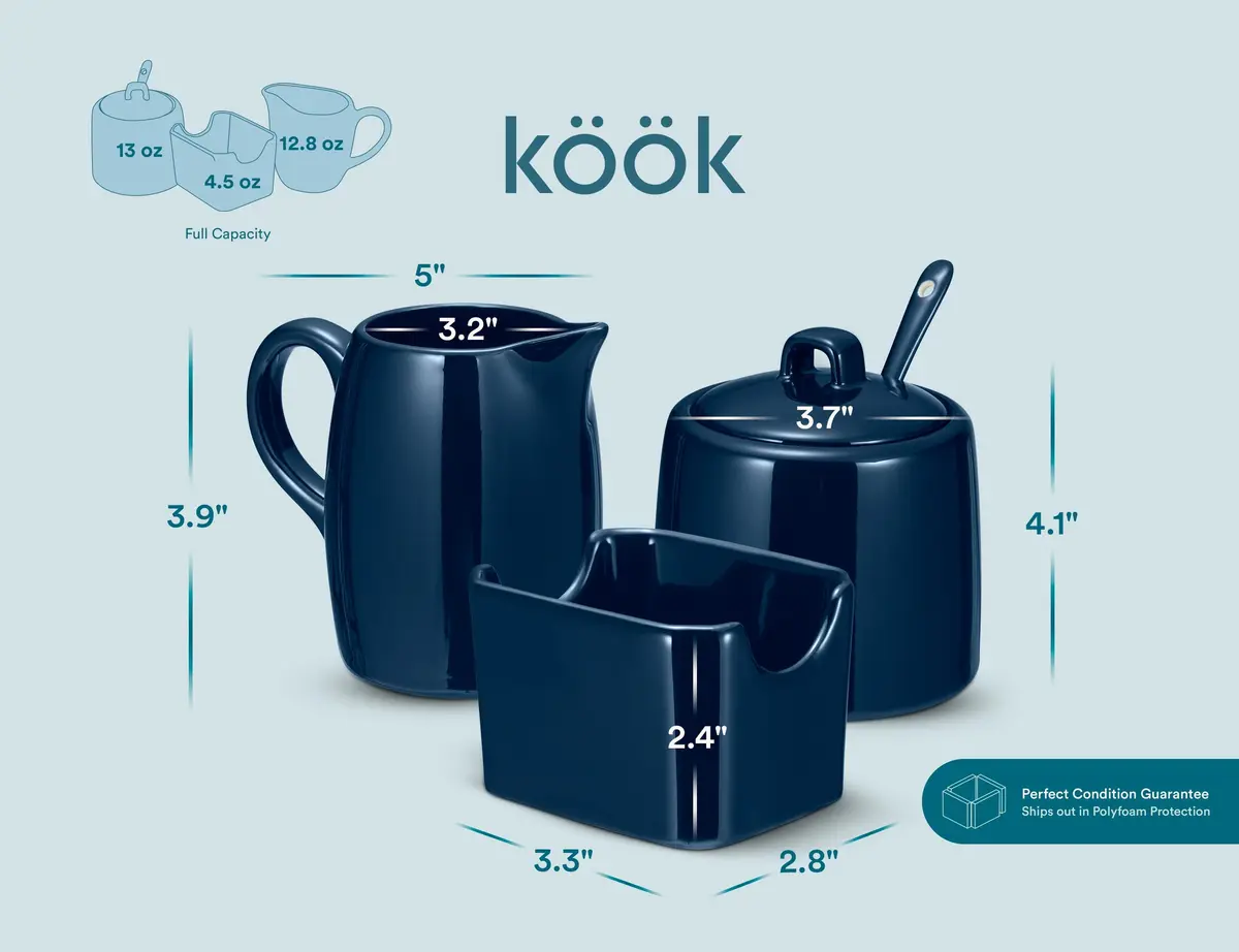 KooK Sugar and Creamer Set, 3 Piece | Ceramic, Navy, Compact & Dishwasher Safe - view 7
