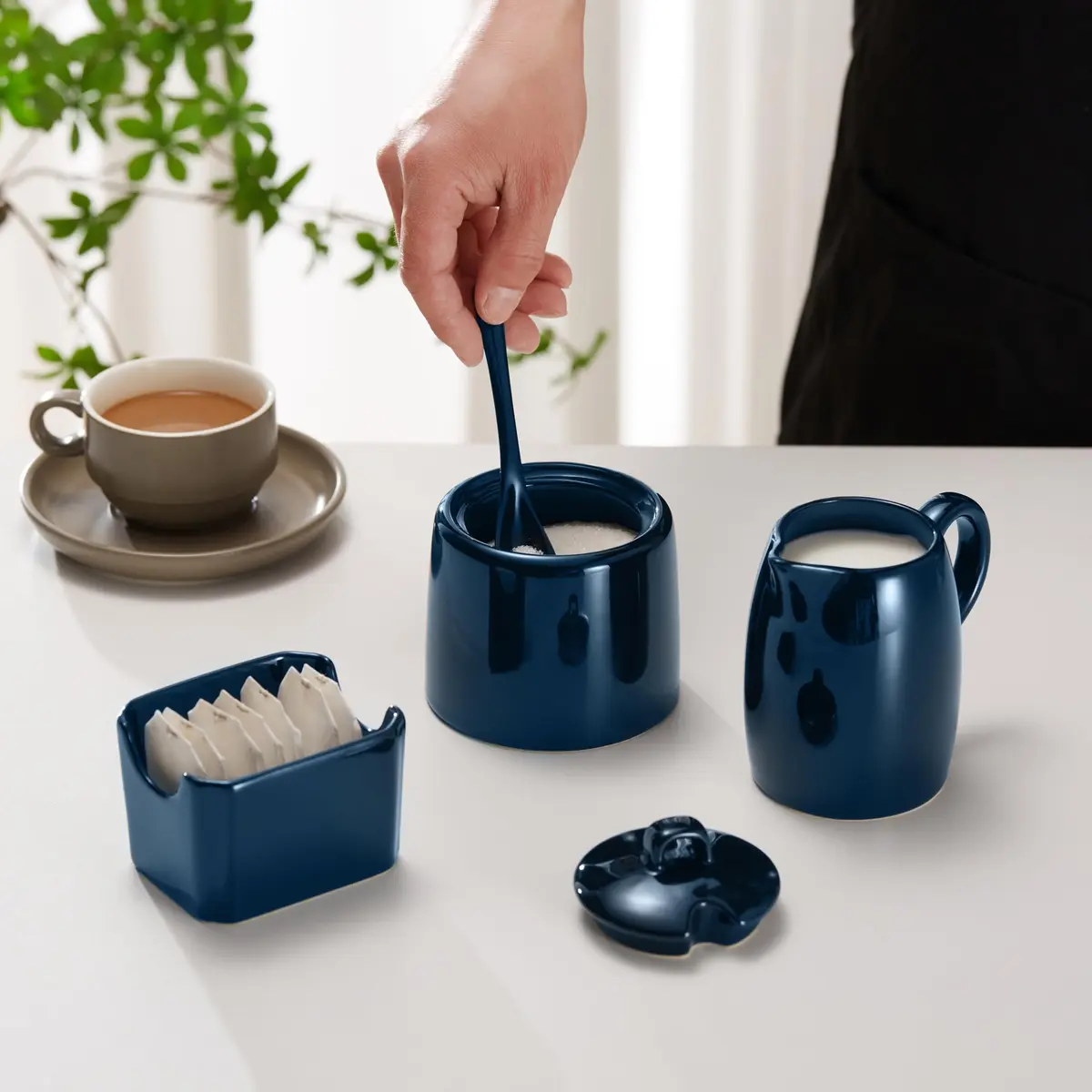 KooK Sugar and Creamer Set, 3 Piece | Ceramic, Navy, Compact & Dishwasher Safe - view 3