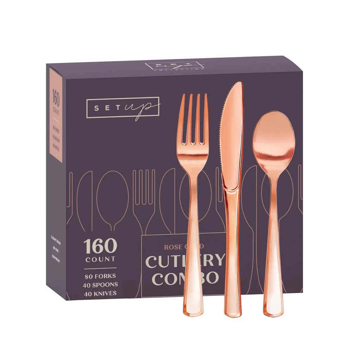 SETUP Disposable Silverware Rose Gold Combo Cutlery 160 Count | Heavy Duty, Elegant Design for Parties & Daily Use - main product image