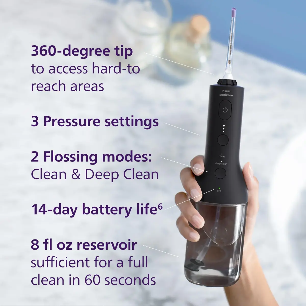Philips Sonicare Cordless Power Flosser 3000 HX3826/23 | 250ml (8.45 Fl Oz) Quad Stream Water Flosser for Gum Health - view 4