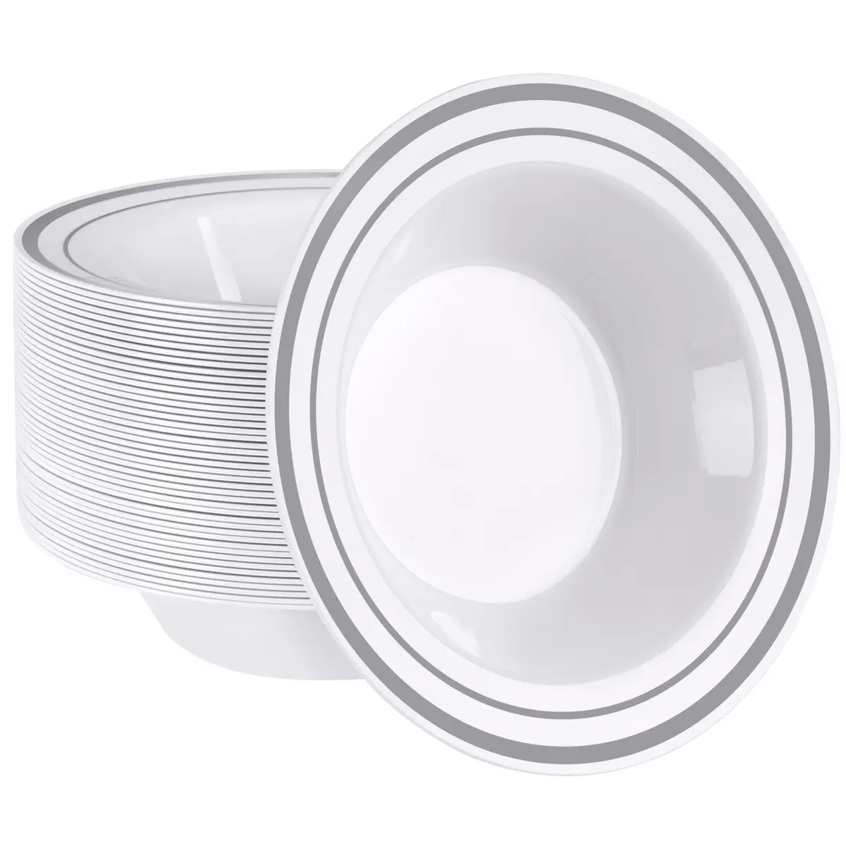 SETUP 12 oz. Disposable Dessert Soup Bowls with Silver Rim | Heavy-Duty Plastic, Elegant Design for All Occasions - main product image