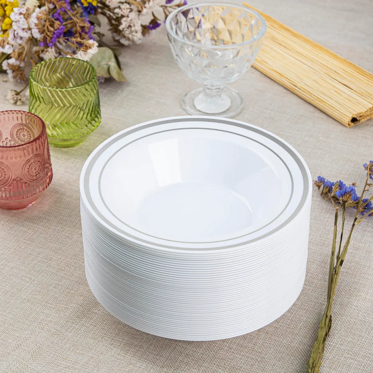 SETUP 12 oz. Disposable Dessert Soup Bowls with Silver Rim | Heavy-Duty Plastic, Elegant Design for All Occasions - view 5