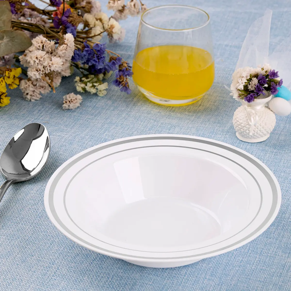 SETUP 12 oz. Disposable Dessert Soup Bowls with Silver Rim | Heavy-Duty Plastic, Elegant Design for All Occasions - view 6
