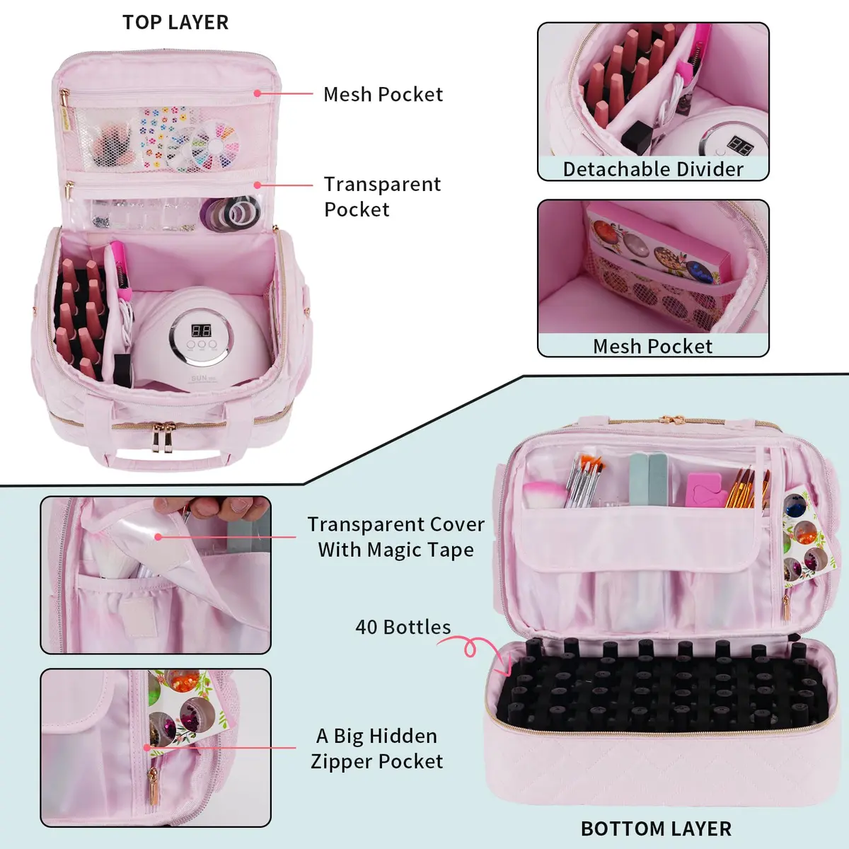VOFIpremiAm Nail Polish Organizer Case | 50 Bottle Capacity Waterproof Pink - view 5