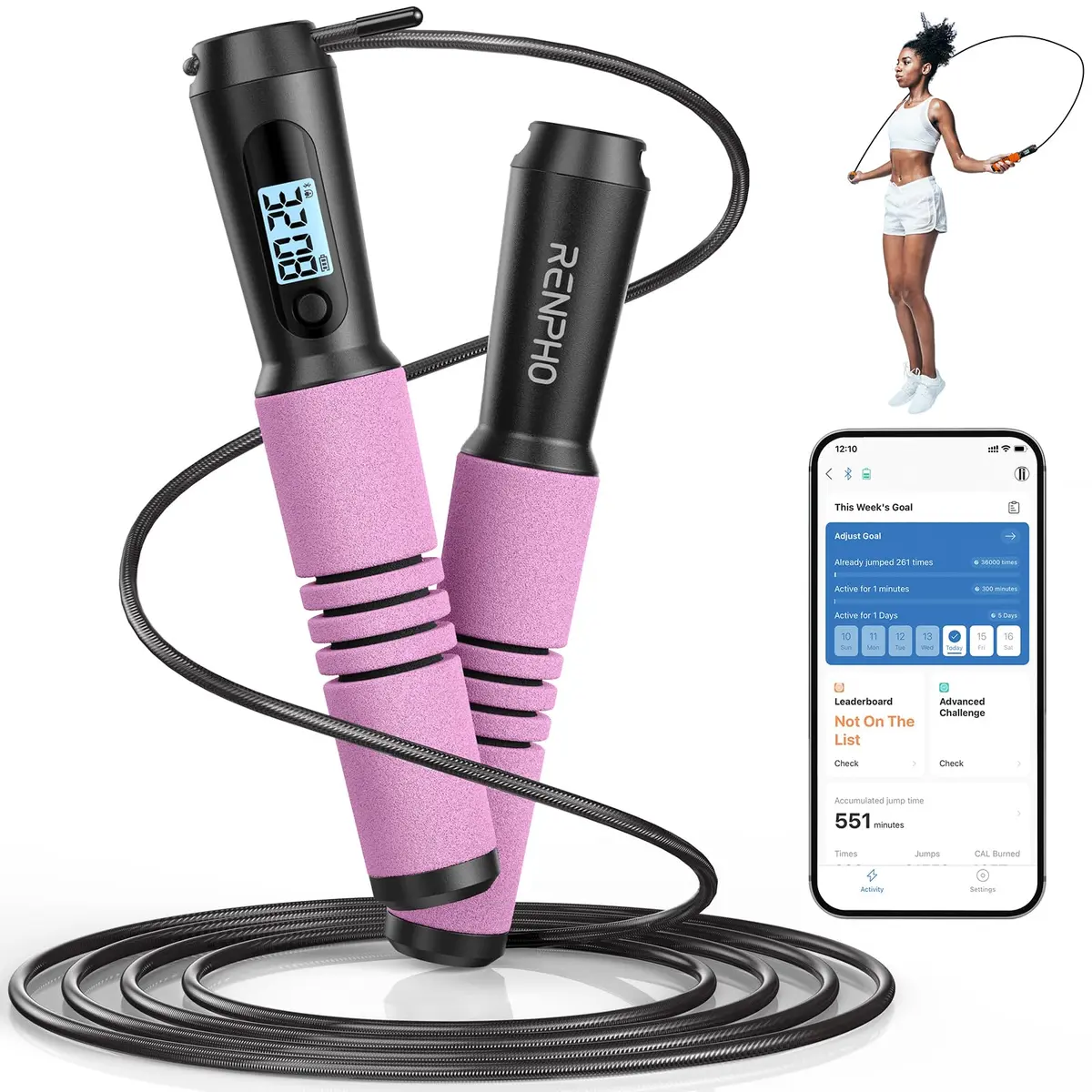 RENPHO Smart Jump Rope with Counter | App Data Tracking, LCD Display, Pink - main product image