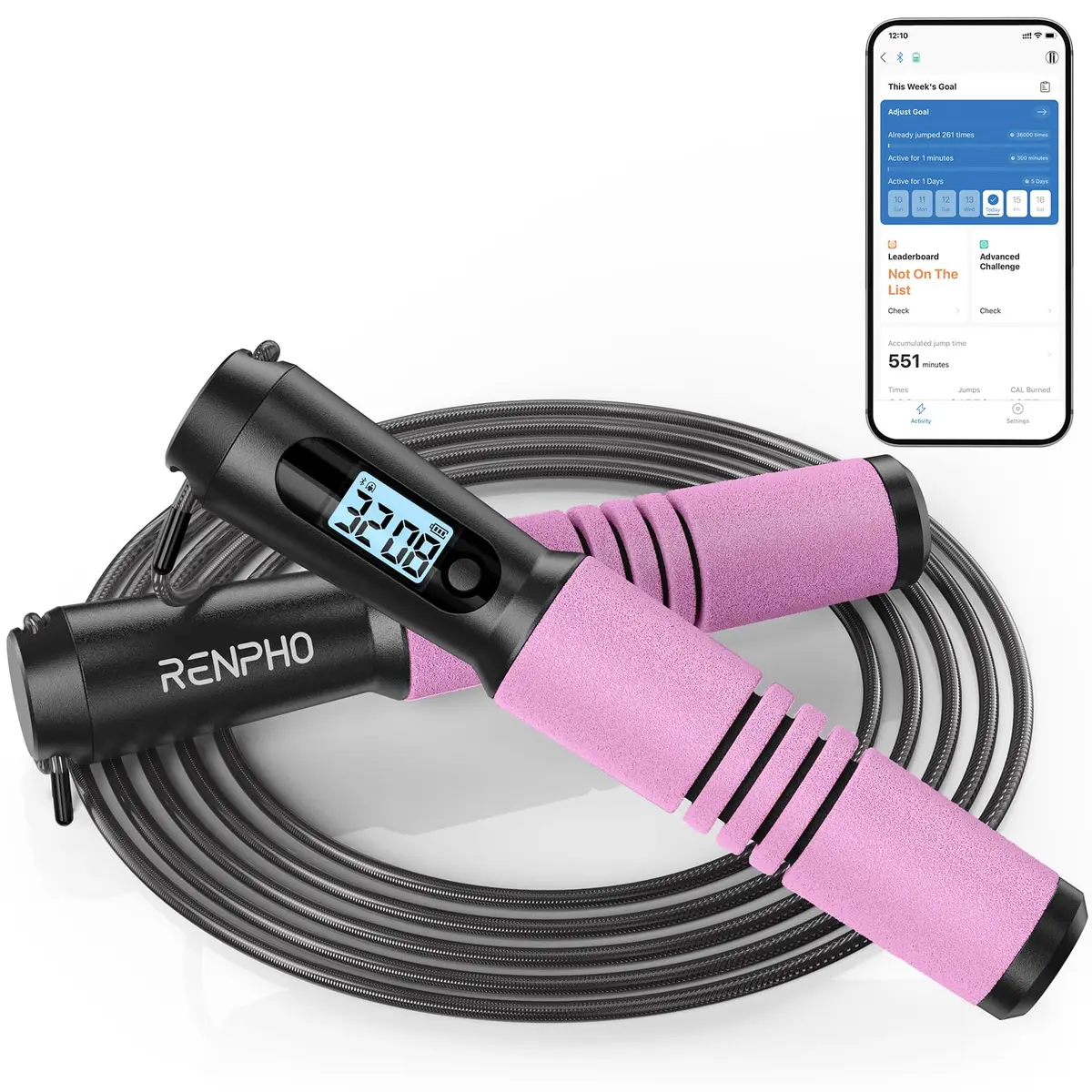RENPHO Smart Jump Rope with Counter | App Data Tracking, LCD Display, Pink - view 8