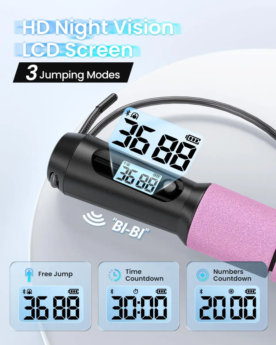 RENPHO Smart Jump Rope with Counter | App Data Tracking, LCD Display, Pink - view 3