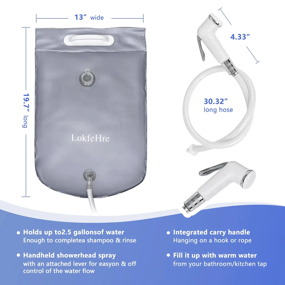 LOKFEHRE Bedside Shower Water Bag - 2.5 GL Portable Water Shower for Bedridden Patients, Silver - view 3