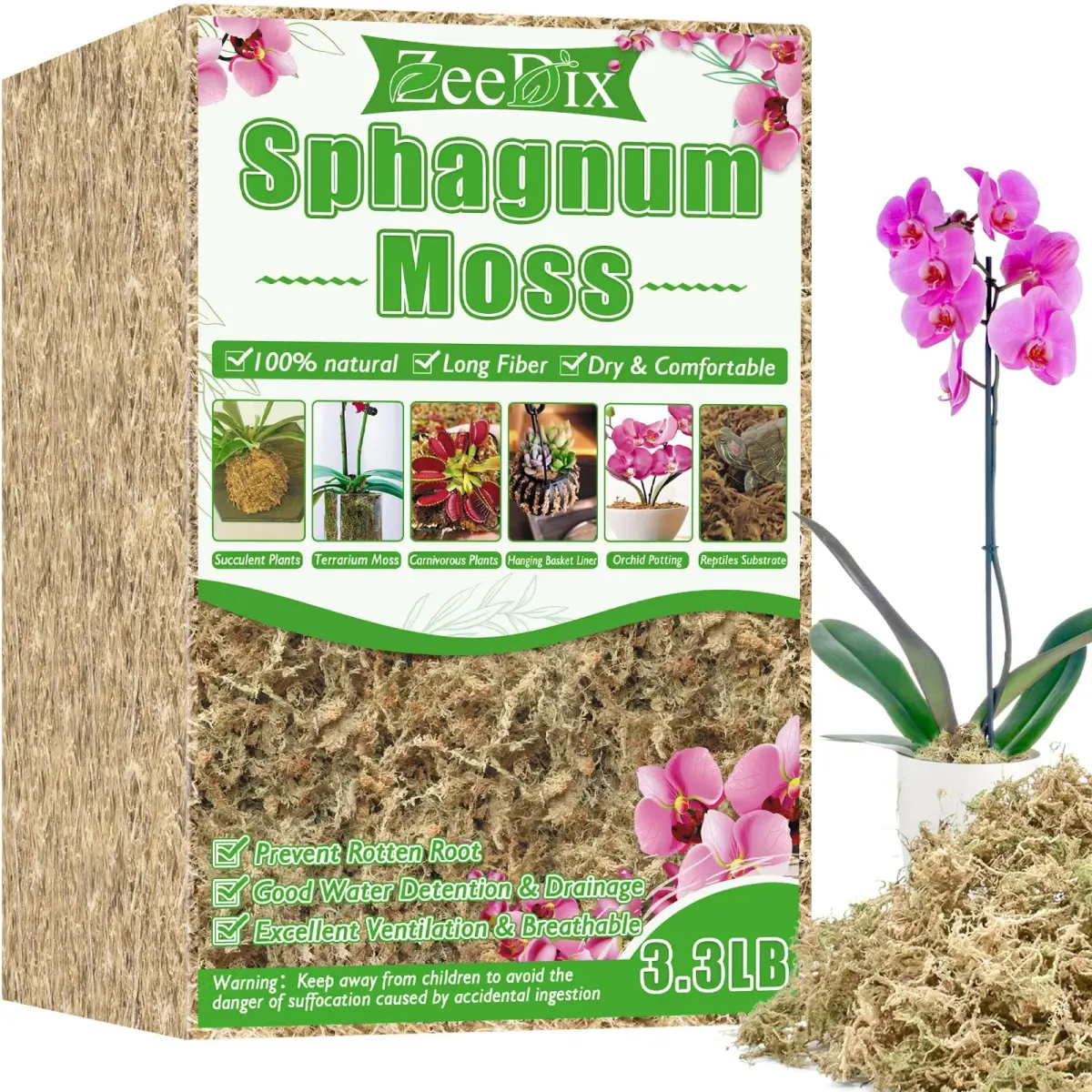 ZeeDix Premium Sphagnum Moss Bulk 1.46 kg (3.3 lb) | Natural Long Fiber for Plants & Reptiles - main product image