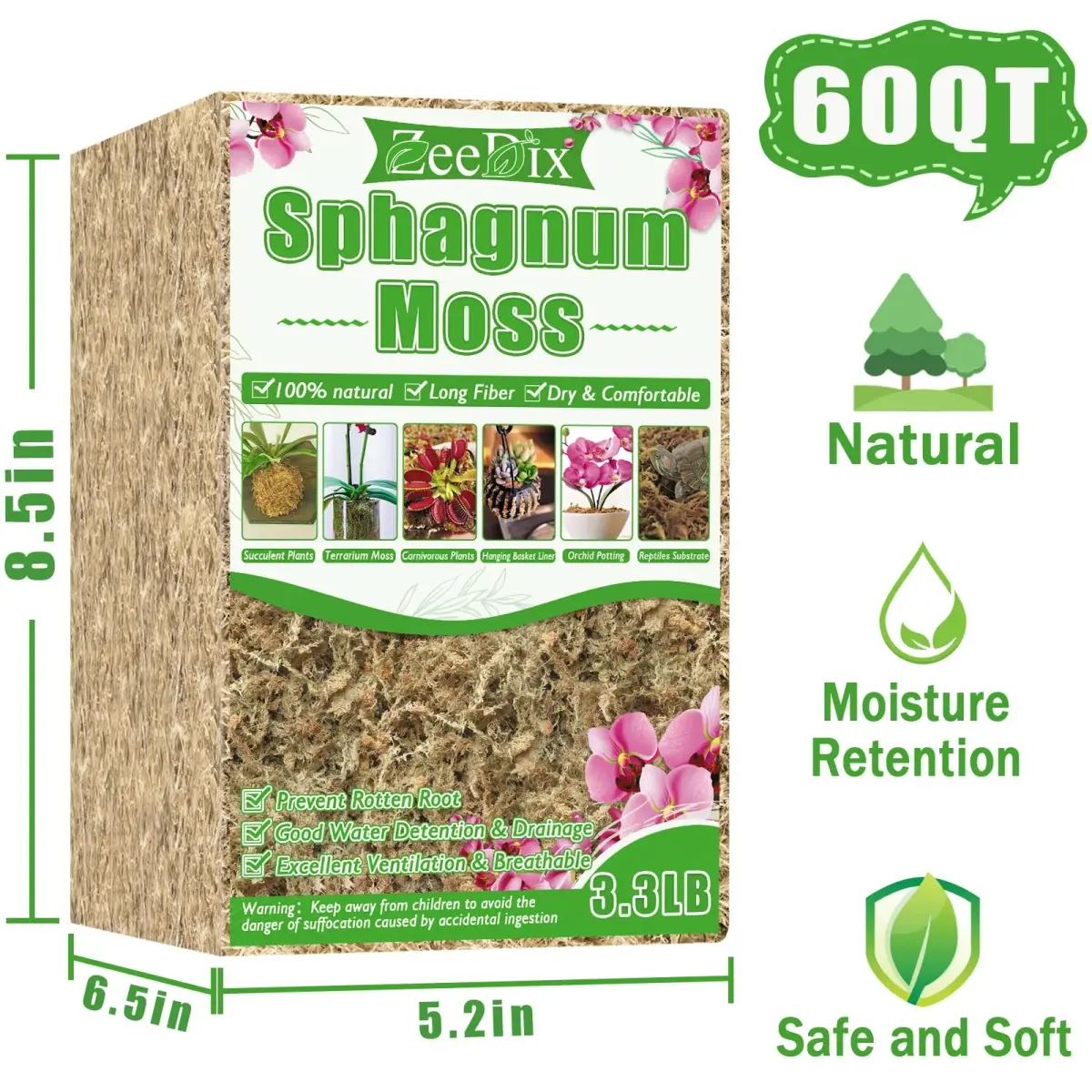 ZeeDix Premium Sphagnum Moss Bulk 1.46 kg (3.3 lb) | Natural Long Fiber for Plants & Reptiles - view 2