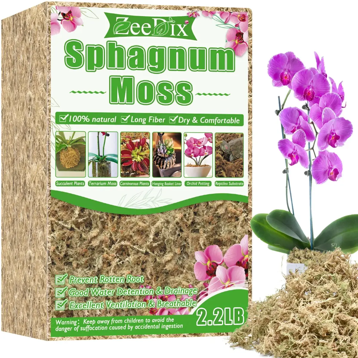ZeeDix Premium Sphagnum Moss Bulk 2.2 lb (998g) | Natural Long Fiber for Plants & Reptiles - main product image