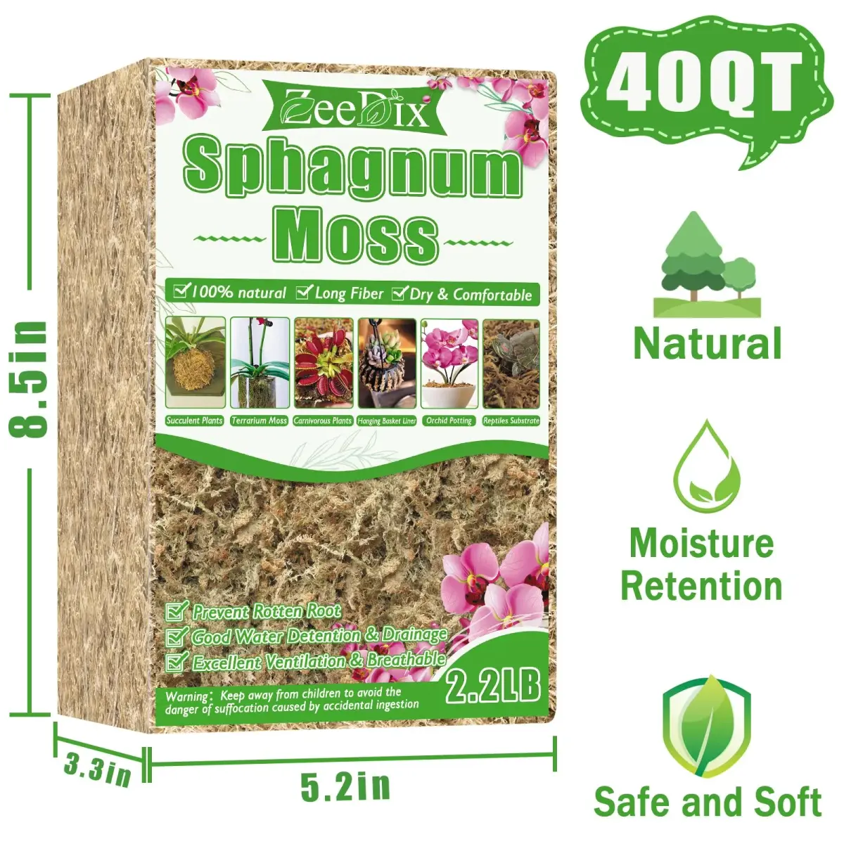 ZeeDix Premium Sphagnum Moss Bulk 2.2 lb (998g) | Natural Long Fiber for Plants & Reptiles - view 2