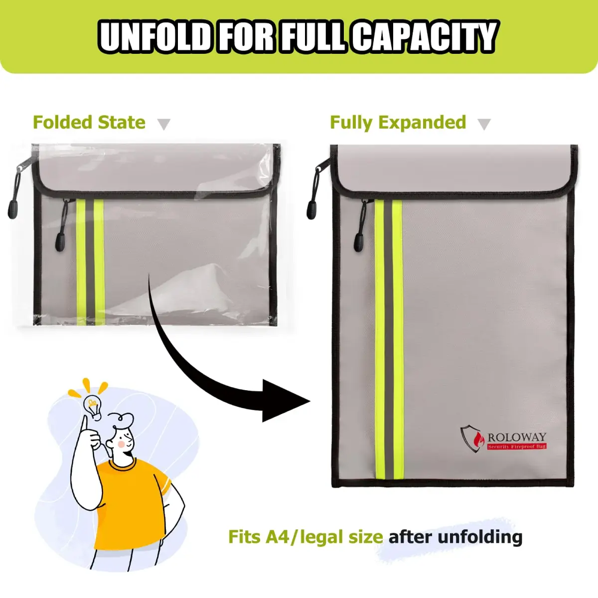 ROLOWAY Fireproof Document Bag (15.5 x 11.5 inch) with 2 Pockets and 5200℉ Aluminum Foil Layer, Fireproof Bag for Document Safe (Silver) - view 5