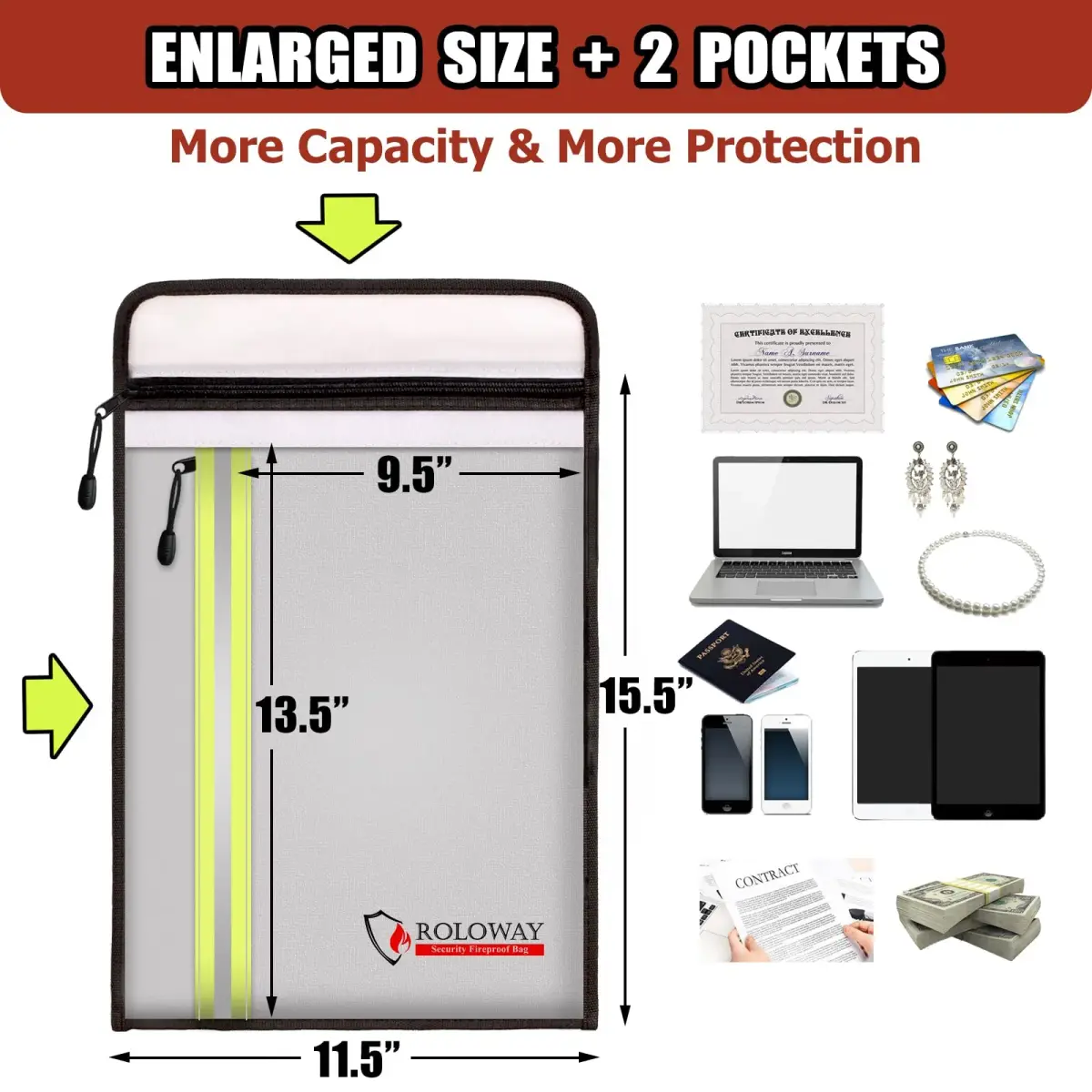ROLOWAY Fireproof Document Bag (15.5 x 11.5 inch) with 2 Pockets and 5200℉ Aluminum Foil Layer, Fireproof Bag for Document Safe (Silver) - view 4