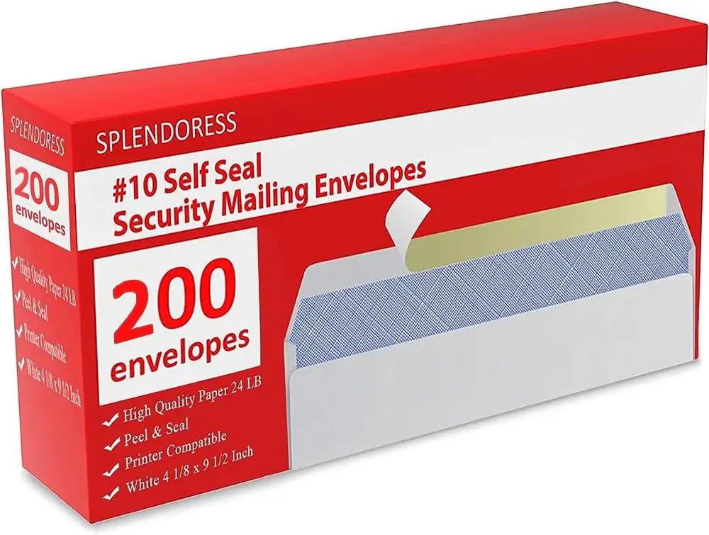 Splendoress #10 Envelopes Letter Size Self Seal | 200 Business Mailing Security Peel and Sealing Envelope | 4-1/8 x 9-1/2 Inches | 24 LB - main product image