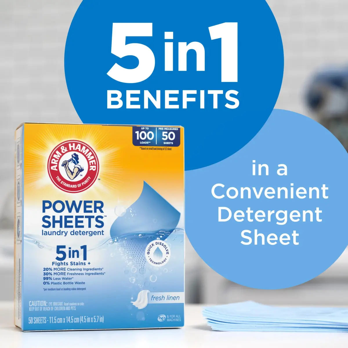 Arm & Hammer 5-in-1 Power Sheets Laundry Detergent, Fresh Linen, 50 Count | Eco-Friendly Concentrated Formula - view 2