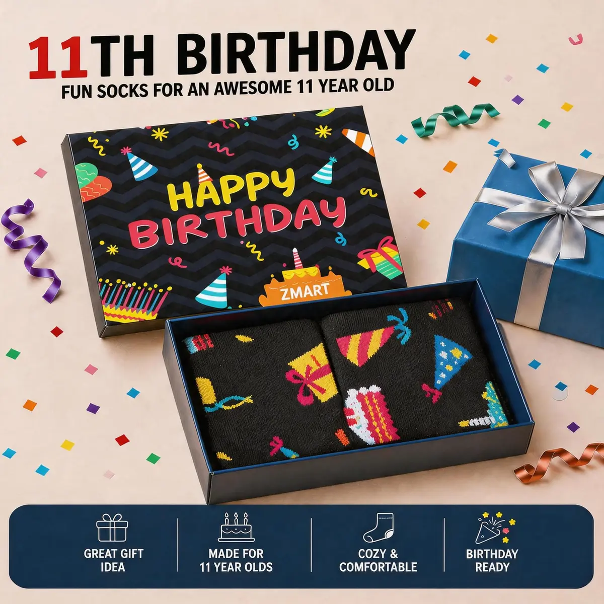 Zmart 11th Birthday Socks Gift Box - Celebration for 11 Year Old Boys & Girls, Birthday Party Favors, Christmas Stocking Stuffer Present - view 2
