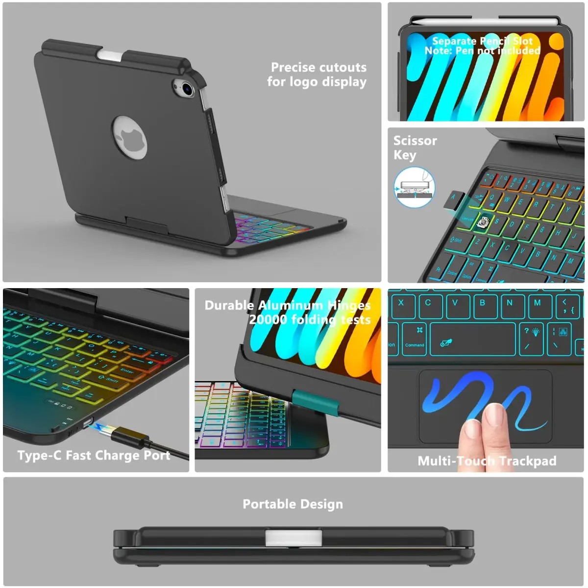 FUWANG Black Touch Keyboard Case for iPad mini 7/6 8.3-inch with Trackpad & Backlit Keys | 360° Rotating Stand - view 6