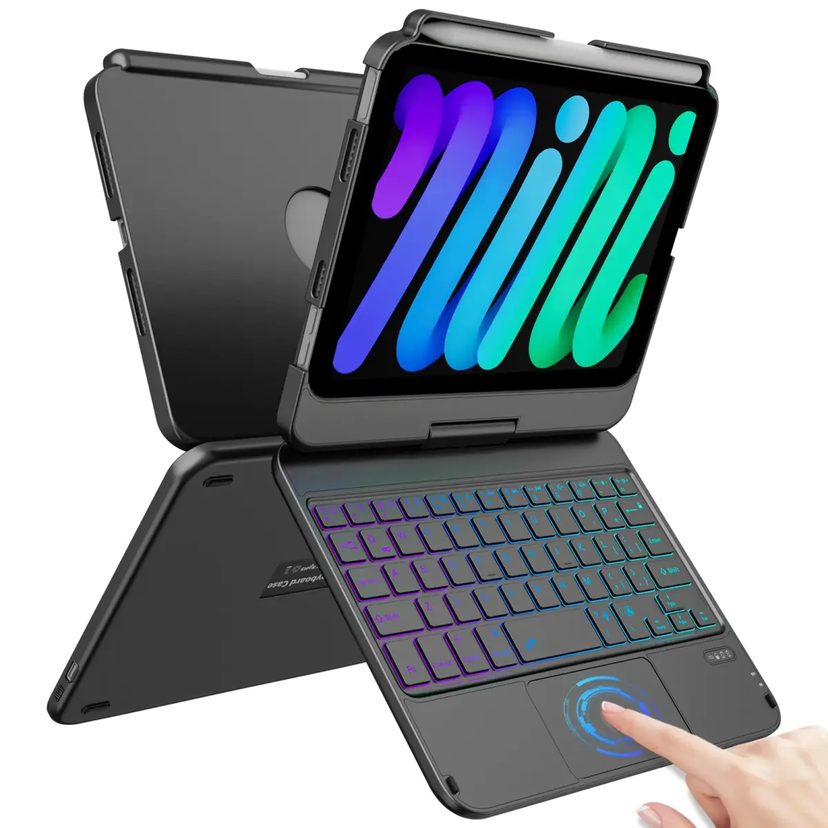 FUWANG Black Touch Keyboard Case for iPad mini 7/6 8.3-inch with Trackpad & Backlit Keys | 360° Rotating Stand - main product image