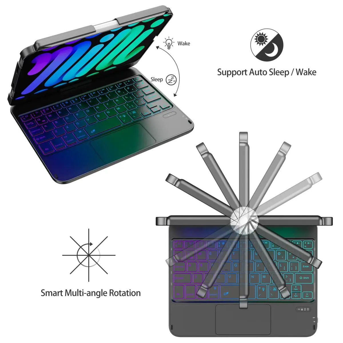 FUWANG Black Touch Keyboard Case for iPad mini 7/6 8.3-inch with Trackpad & Backlit Keys | 360° Rotating Stand - view 9
