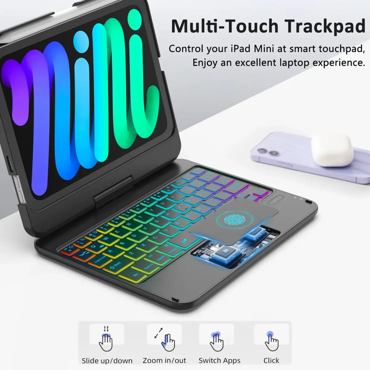 FUWANG Black Touch Keyboard Case for iPad mini 7/6 8.3-inch with Trackpad & Backlit Keys | 360° Rotating Stand - view 3