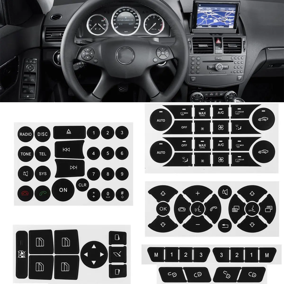 NPSNGSJY Car Button Sticker Fit for Mercedes Benz W204 C-Class 2008-2014 | Interior Decal for Steering & AC Buttons - main product image