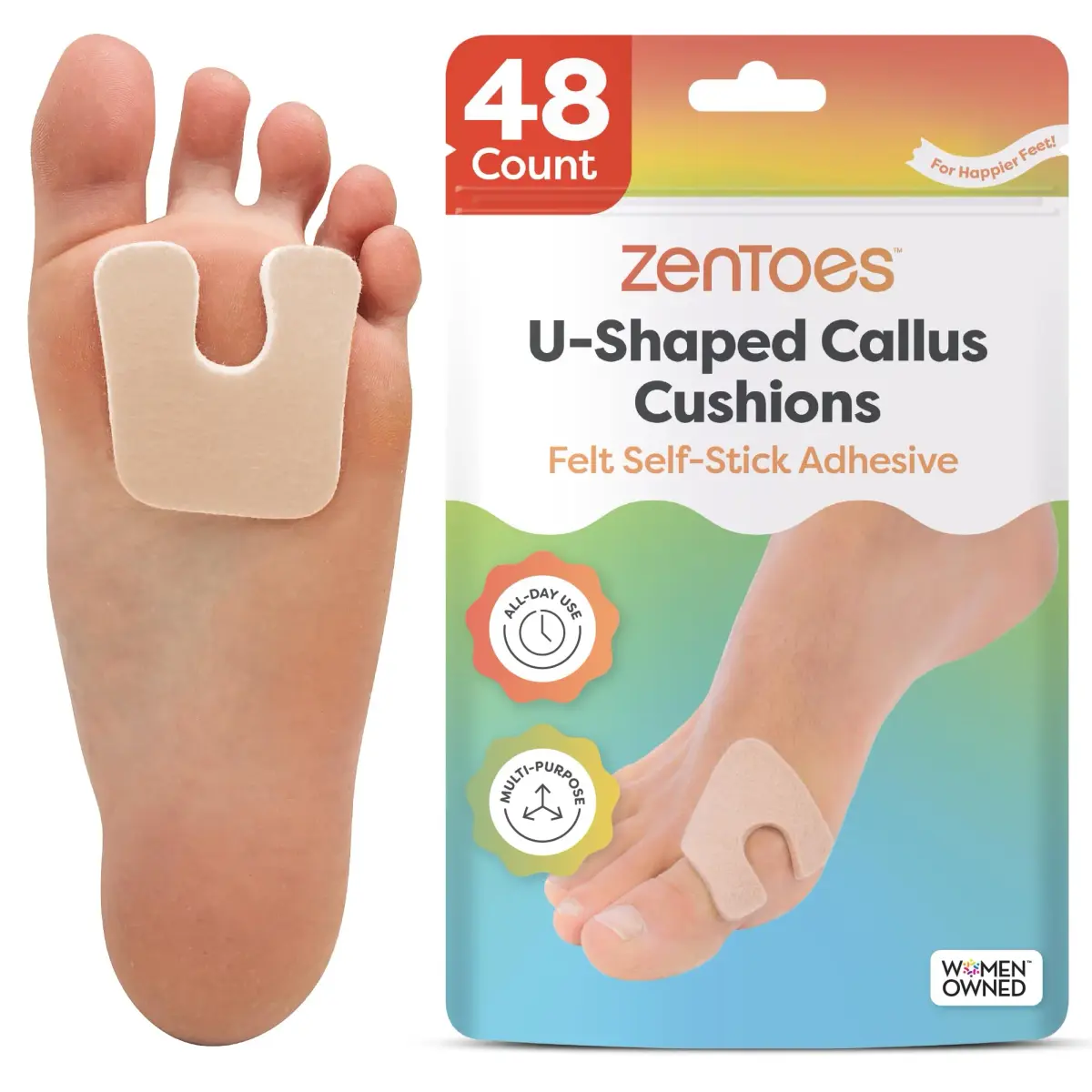 ZenToes U-Shaped Felt Callus Pads, 48 Count | Medical-Grade Felt Cushions for Foot Pain Relief - main product image
