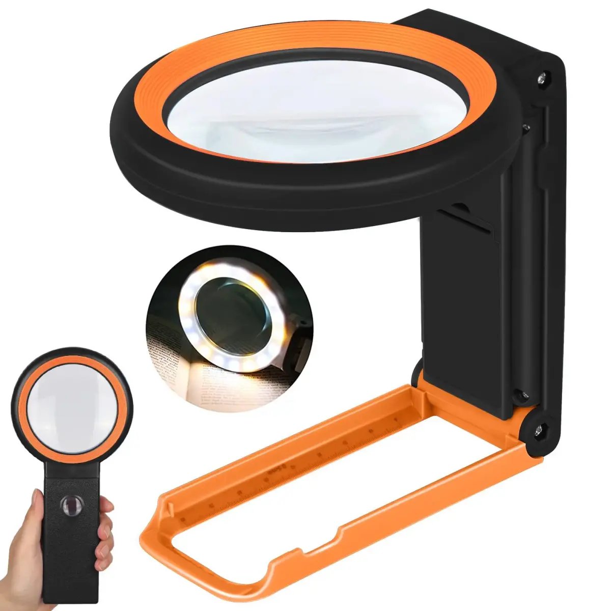 KIBTOY Black Magnifying Glass with Light and Stand, 3.2-inch Glass Lens (8.13 cm) | High Magnification for Seniors Reading - main product image