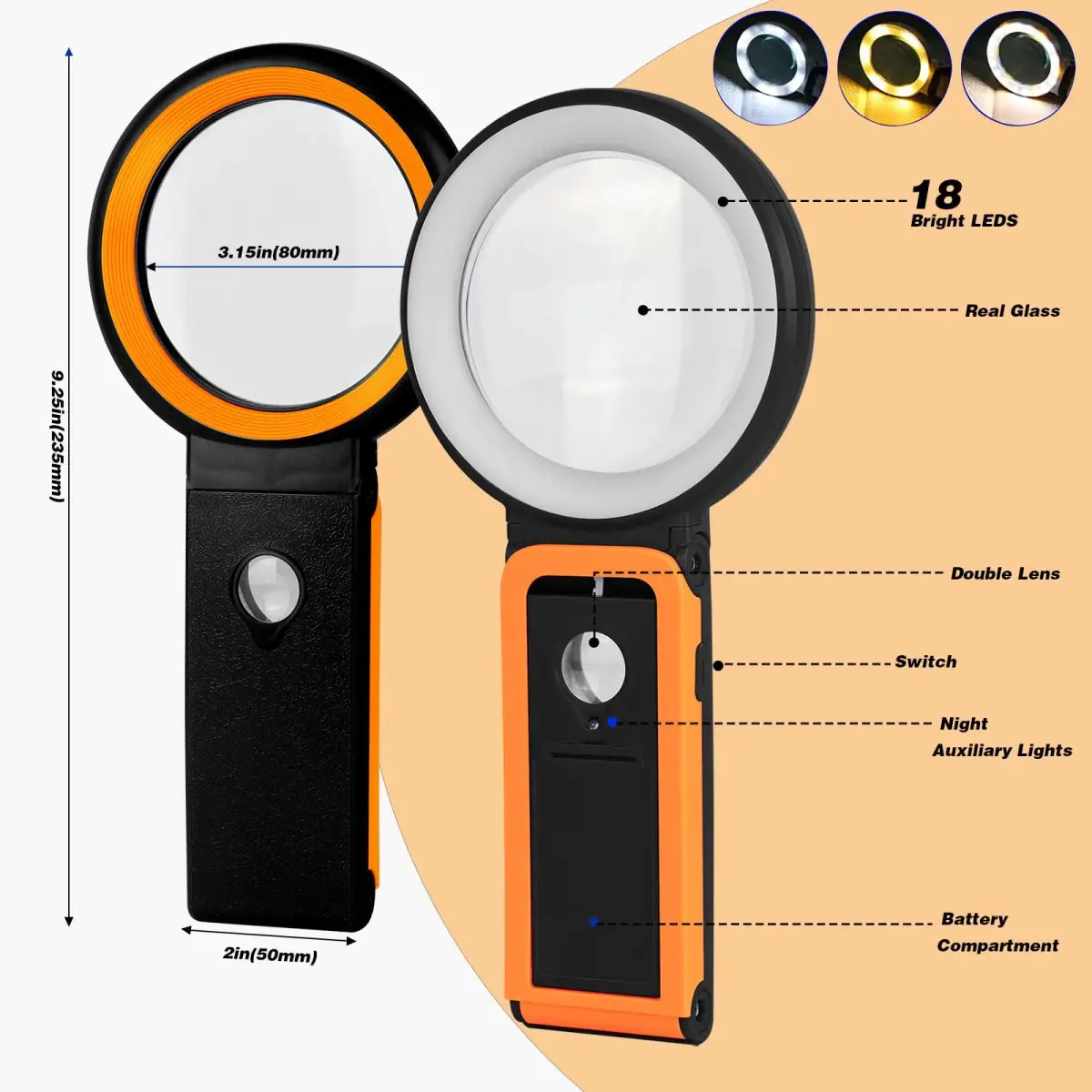 KIBTOY Black Magnifying Glass with Light and Stand, 3.2-inch Glass Lens (8.13 cm) | High Magnification for Seniors Reading - view 5