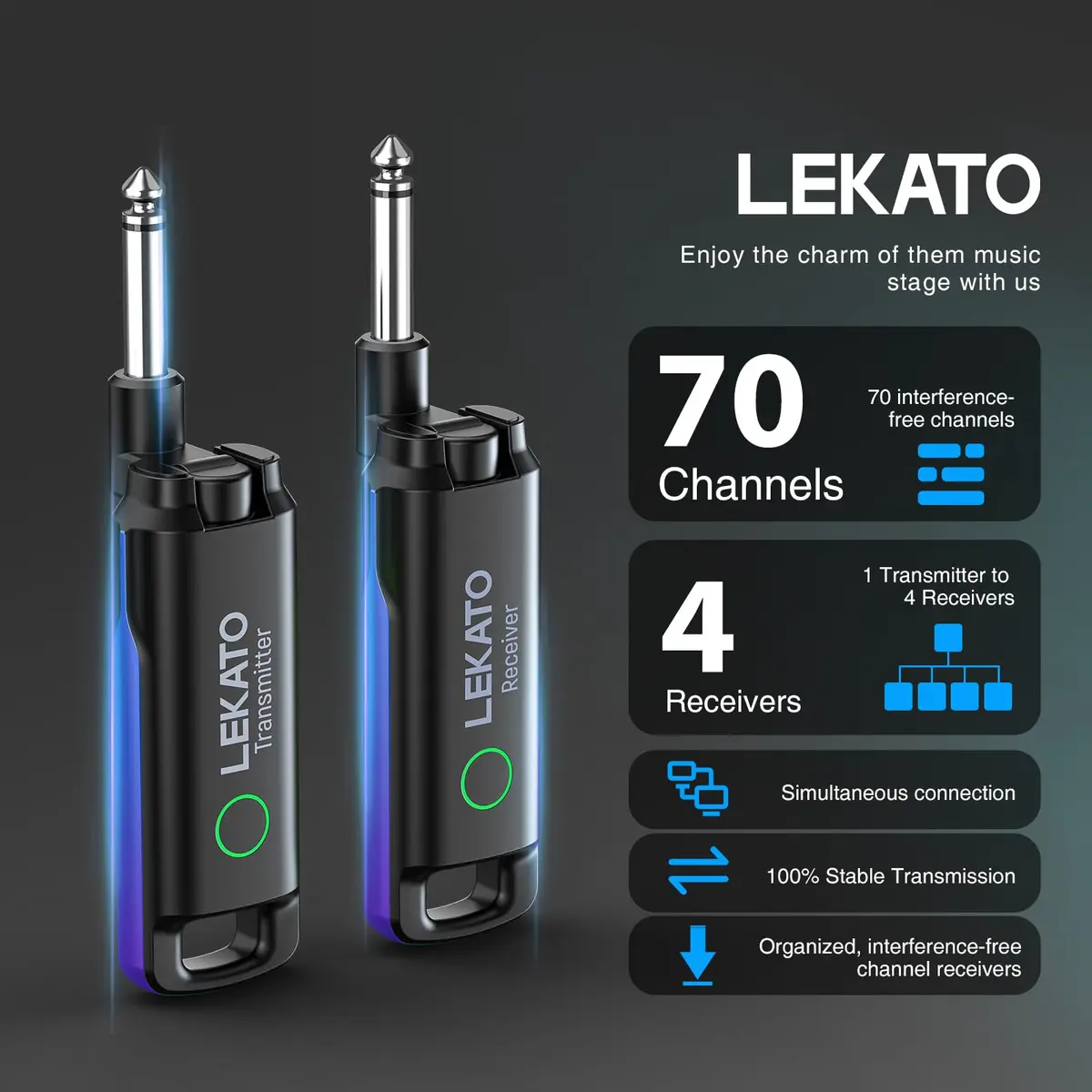 LEKATO UHF Wireless Guitar System with 70 Channels & 4 Receivers | Blue - view 3